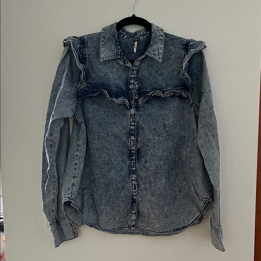 Free People Acid Wash Denim Button-Up Shirt with Ruffle Detail